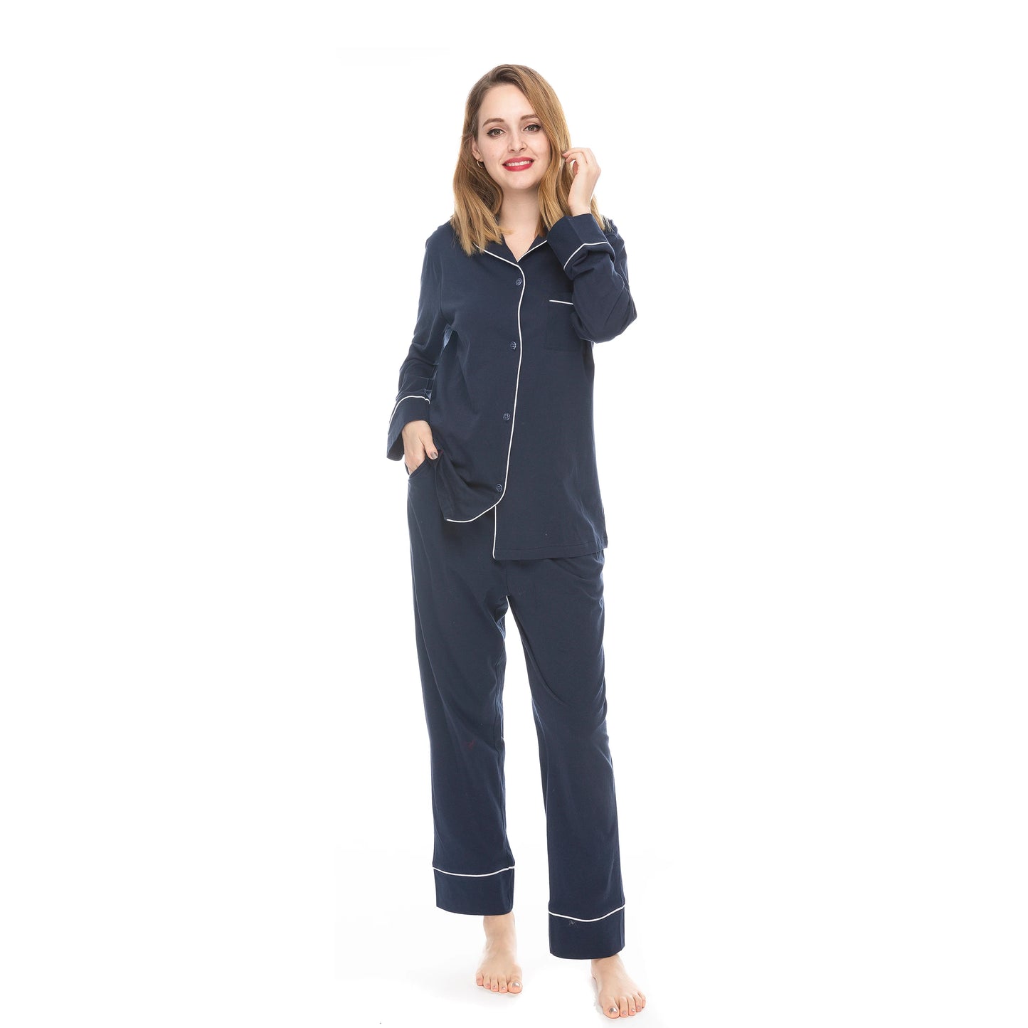 100% Cotton Soft Comfy Long Sleeve Drawstring Pajamas Set Women Pijamas Sleepwear 2 PCS Pyjamas Sets