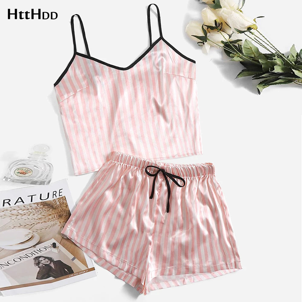 Women'S Sexy Summer Pajama Sets Cartoon Pattern Pajamas Strap Sleeveless Satin Set Sleepwear Female Pijamas Nightwear Home Suit
