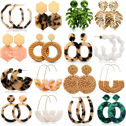 16 Pairs Boho Statement Earrings for Women- Summer Beach Acrylic Rattan Earrings