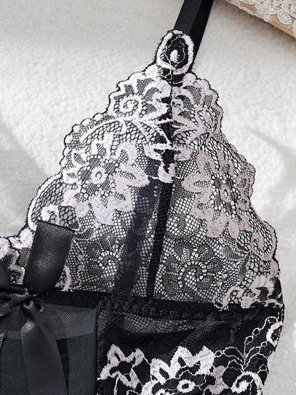 Contrast Black Sexy Lingerie Women Underwear Transparent Sleepwear Lace Nightdress and Thongs Pijamas Sets Female Sexy Nighty