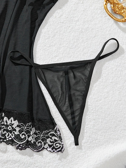 Contrast Black Sexy Lingerie Women Underwear Transparent Sleepwear Lace Nightdress and Thongs Pijamas Sets Female Sexy Nighty