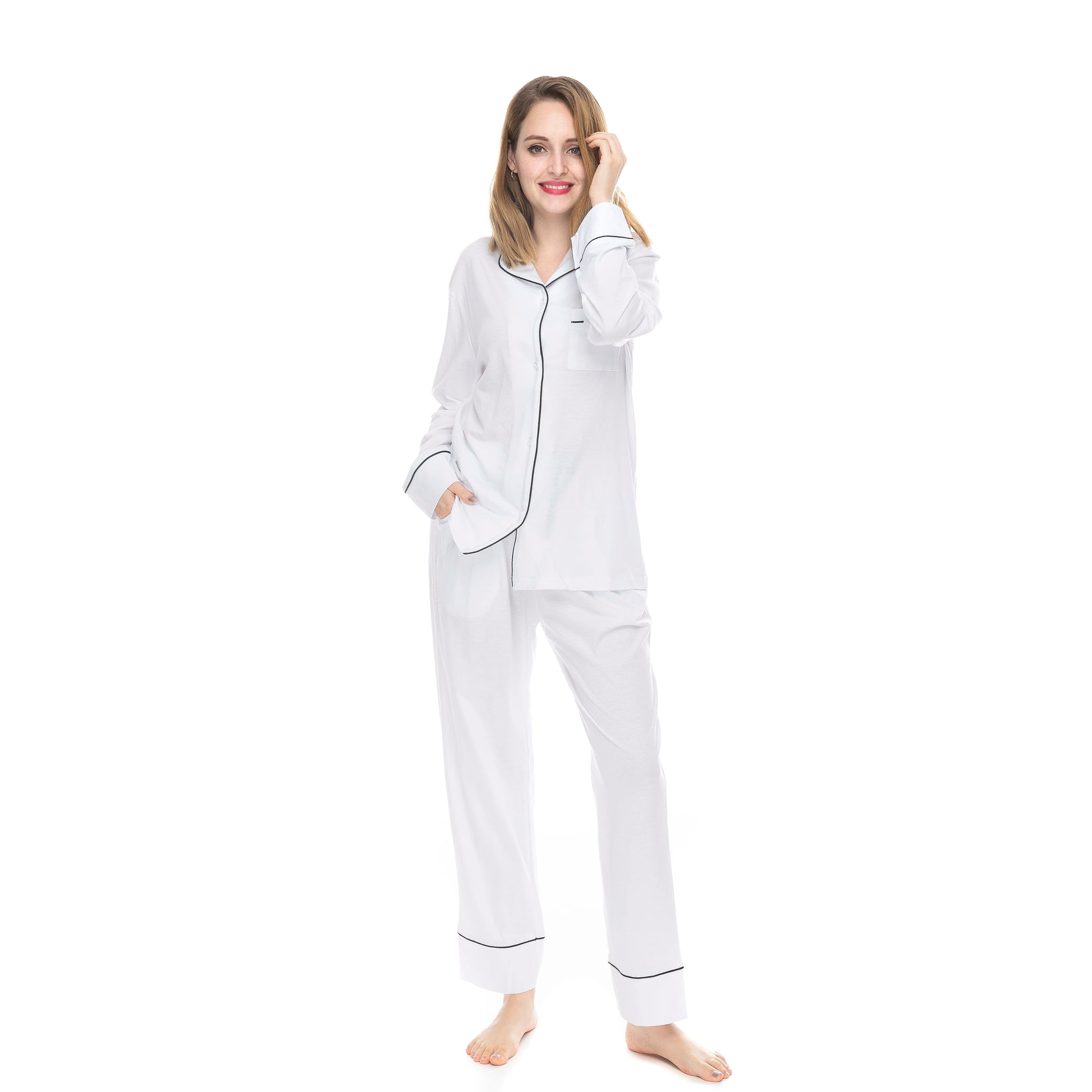 100% Cotton Soft Comfy Long Sleeve Drawstring Pajamas Set Women Pijamas Sleepwear 2 PCS Pyjamas Sets