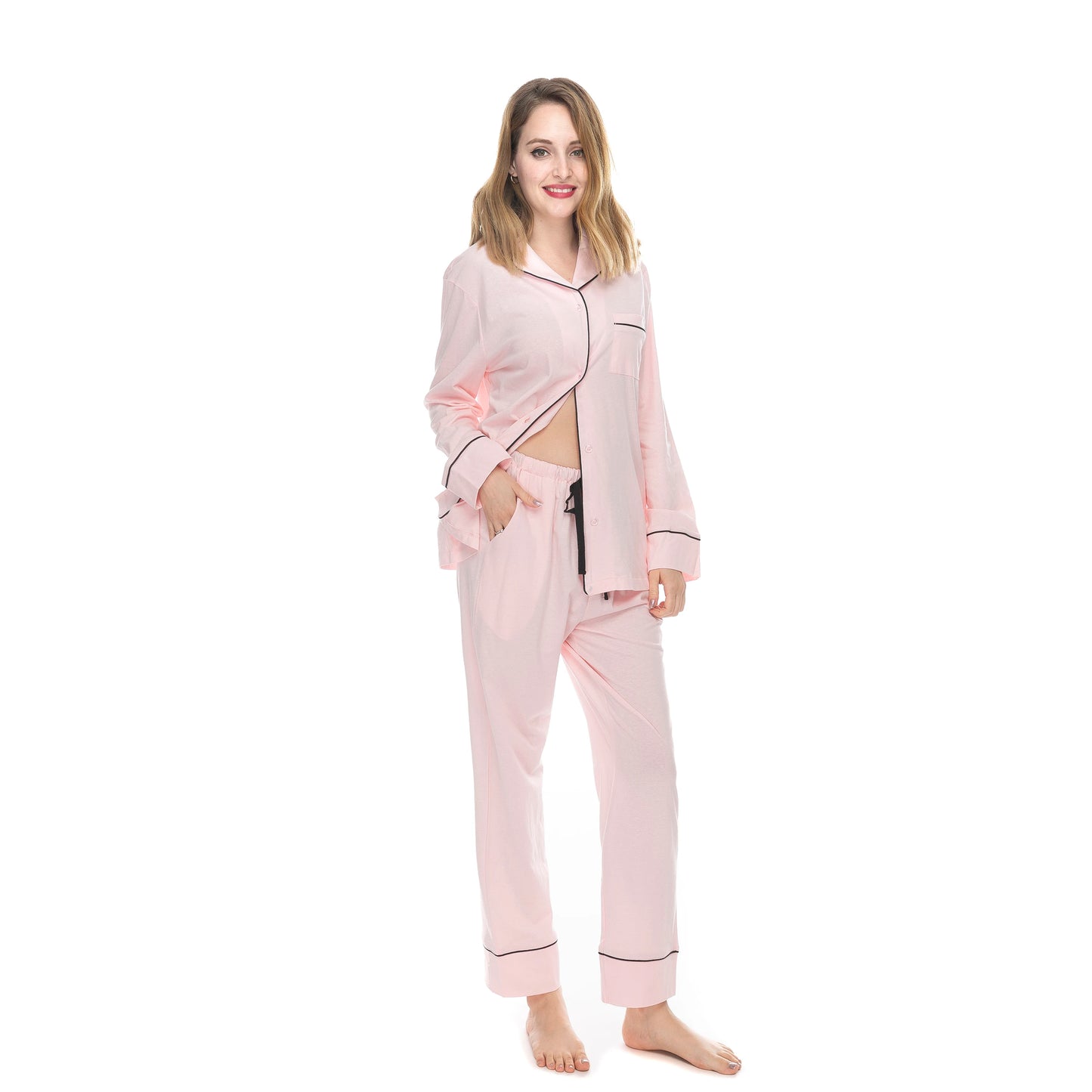 100% Cotton Soft Comfy Long Sleeve Drawstring Pajamas Set Women Pijamas Sleepwear 2 PCS Pyjamas Sets