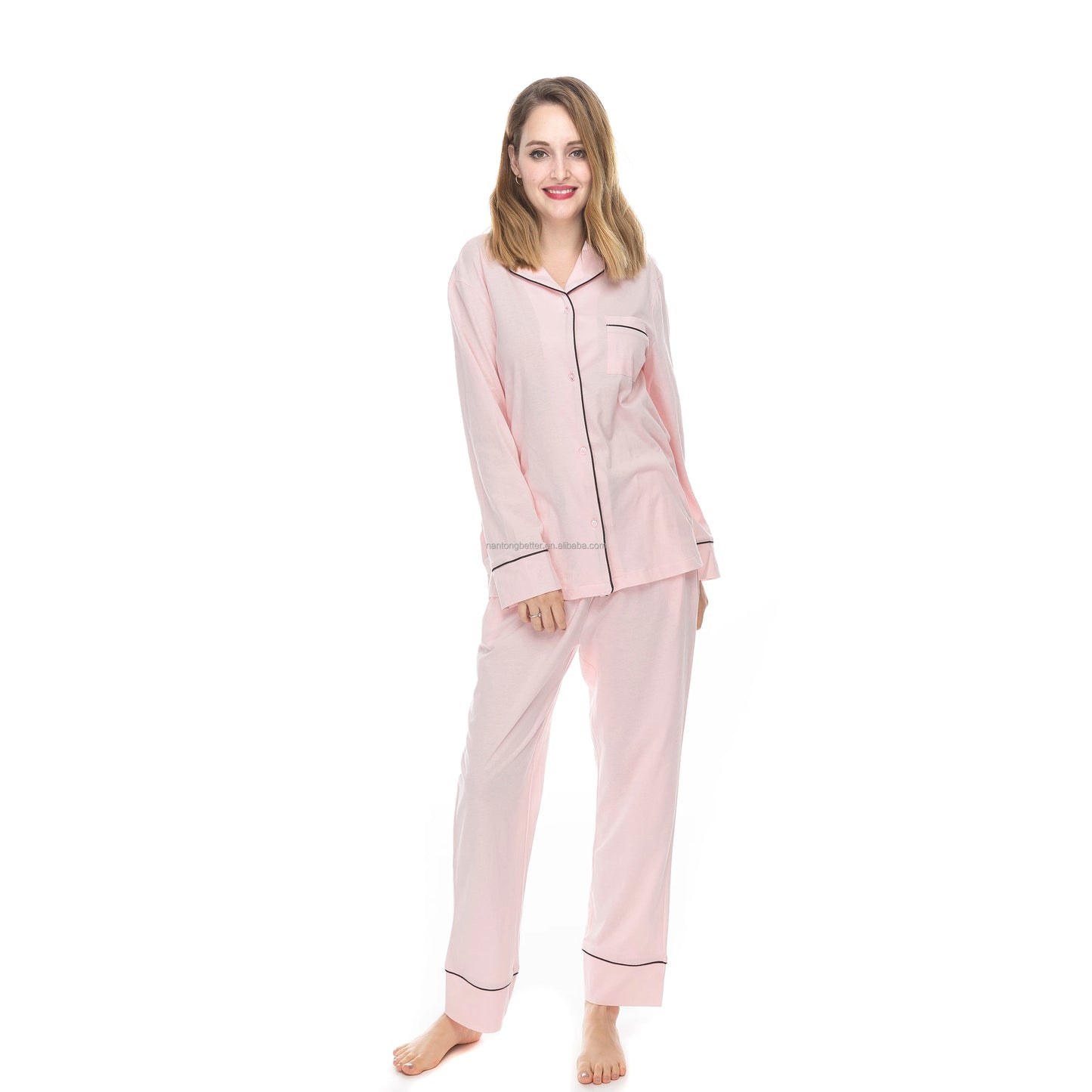 100% Cotton Soft Comfy Long Sleeve Drawstring Pajamas Set Women Pijamas Sleepwear 2 PCS Pyjamas Sets