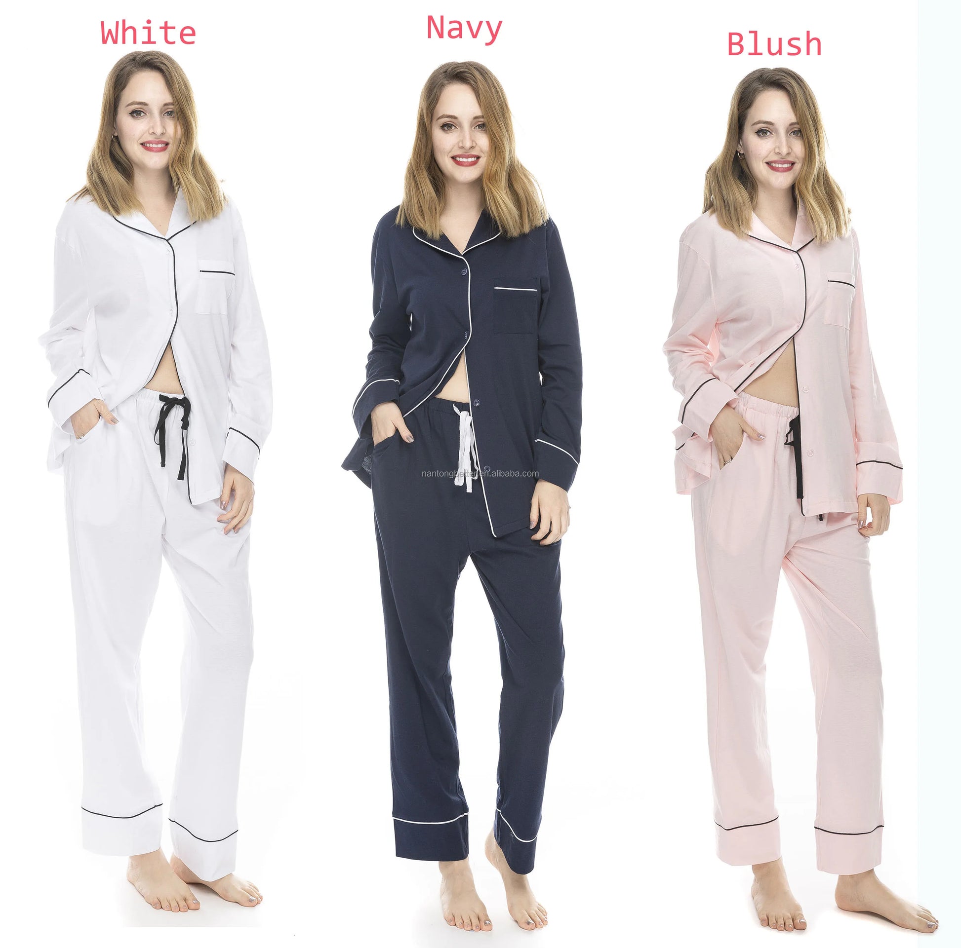 100% Cotton Soft Comfy Long Sleeve Drawstring Pajamas Set Women Pijamas Sleepwear 2 PCS Pyjamas Sets