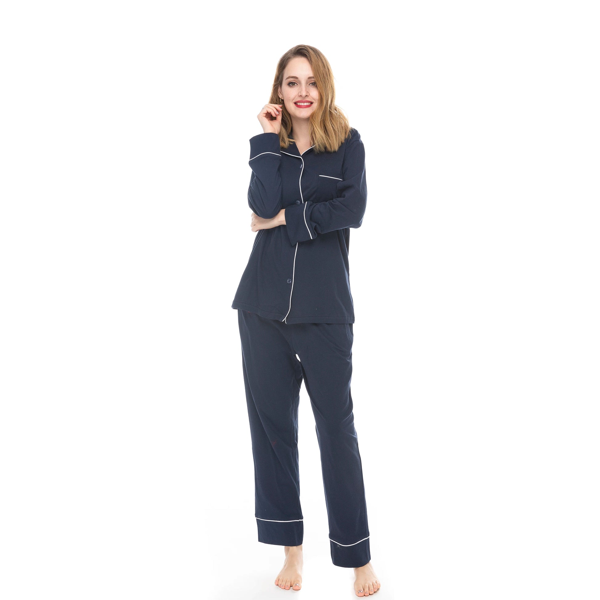 100% Cotton Soft Comfy Long Sleeve Drawstring Pajamas Set Women Pijamas Sleepwear 2 PCS Pyjamas Sets