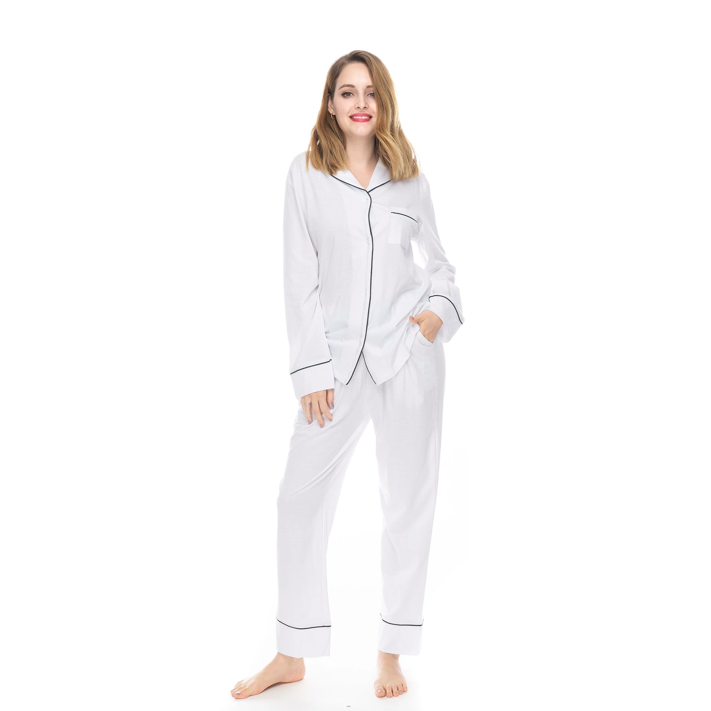 100% Cotton Soft Comfy Long Sleeve Drawstring Pajamas Set Women Pijamas Sleepwear 2 PCS Pyjamas Sets
