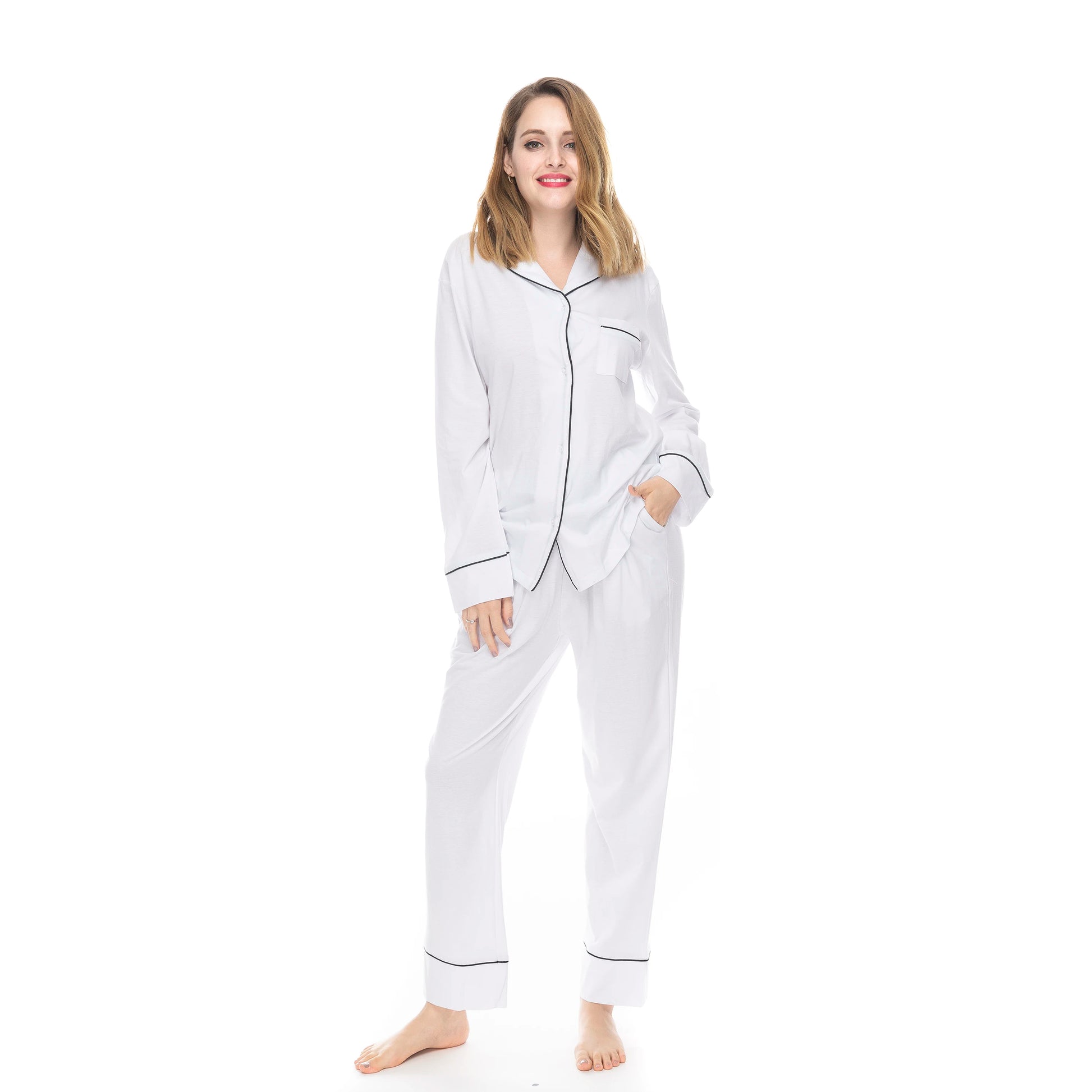 100% Cotton Soft Comfy Long Sleeve Drawstring Pajamas Set Women Pijamas Sleepwear 2 PCS Pyjamas Sets