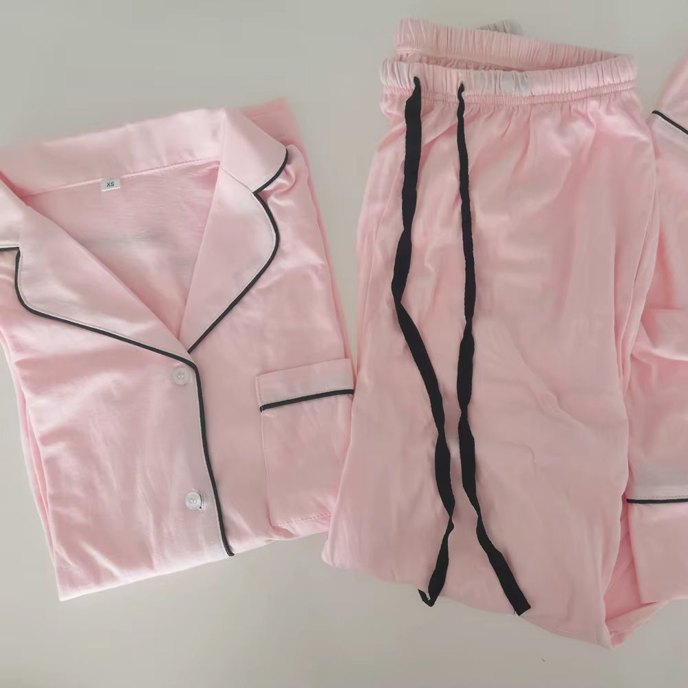 100% Cotton Soft Comfy Long Sleeve Drawstring Pajamas Set Women Pijamas Sleepwear 2 PCS Pyjamas Sets